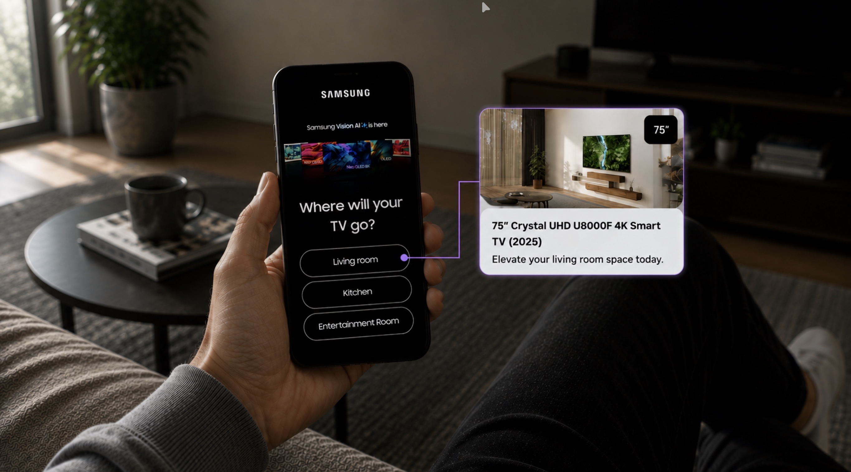 Samsung Vision AI conversational ad — choosing a room, with a recommended 75-inch TV