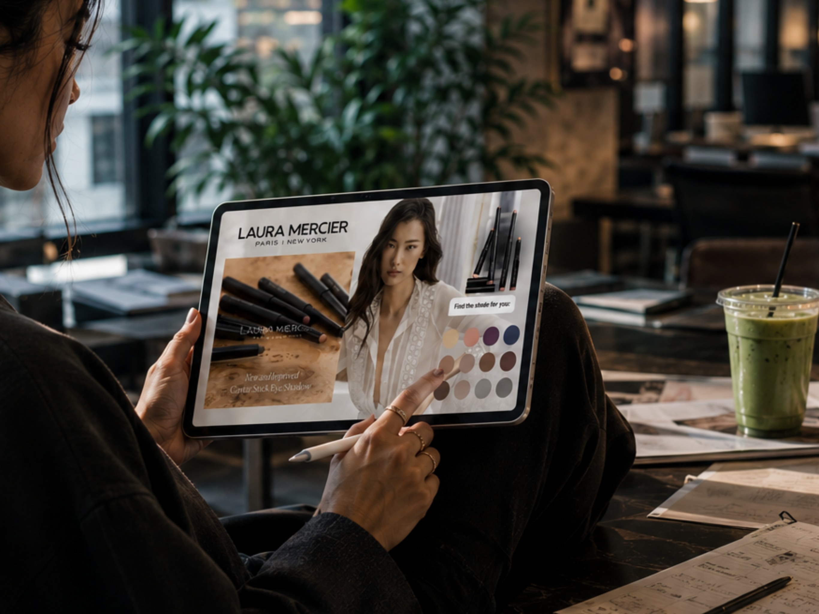Laura Mercier conversational beauty ad — finding your shade on a tablet